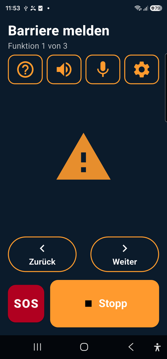 Screenshot der App 15/15 Mobilität: Startbildschirm