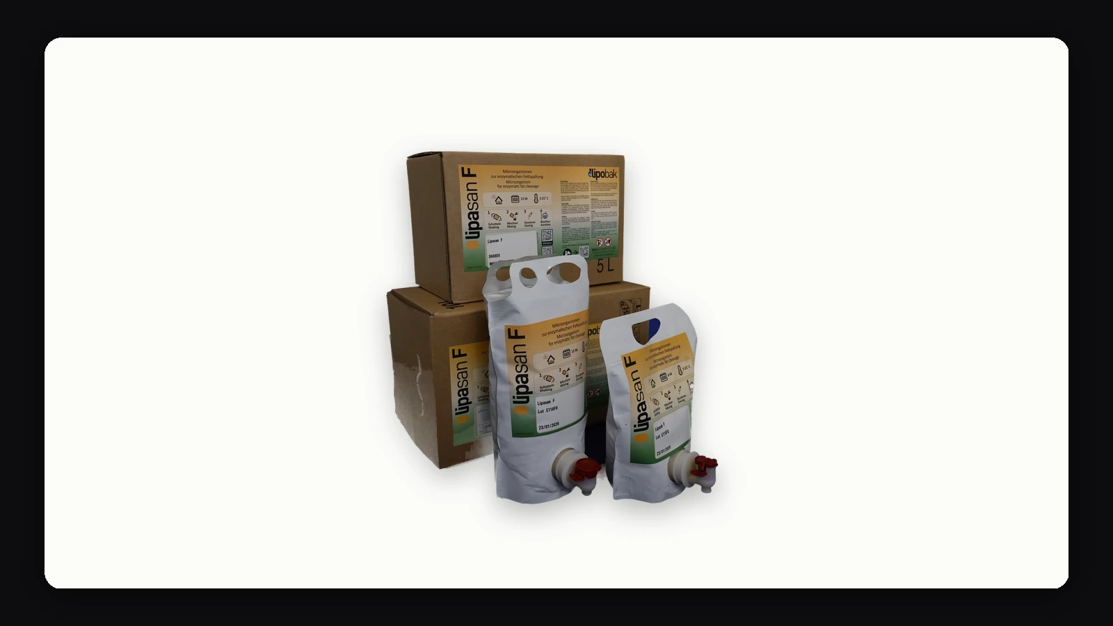 lipasanF® Produktfamilie — alle Gebindegrößen von 0,5 L bis 10 L